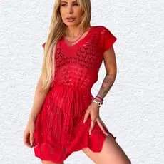 Saida Praia Curta Fenda Acinturada Verão Tricot Moda Regata