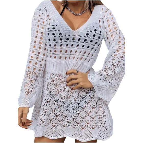 Moda Praia Trico Saida Rendada Manga Flare Estilo Bata