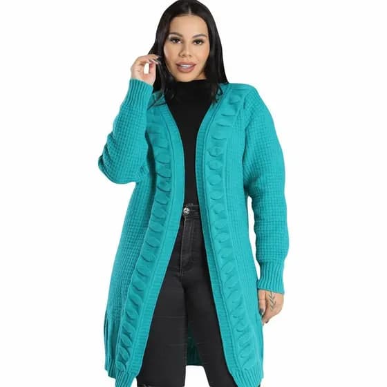 Casaco Moda Outono Inverno Tricô Manga Longa Cardigan