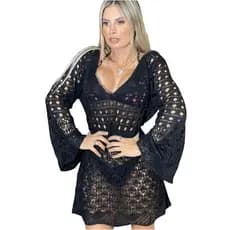 Bata Rendada Saida Praia em Trico Feminina Manga Longa Flare