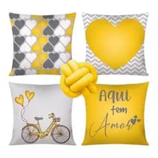 Kit C/ 4 Almofadas Cheias Decorativas + 1 Almofada De Nó Amor Amarelo