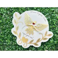 Porta Alianças Divino Espírito Santo Rogai por nós em MDF Dourado Exclusivo