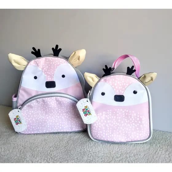 Mochila Infantil Rena Rosa Kit Mais Lancheira Térmica  Modelo zoo para Creche