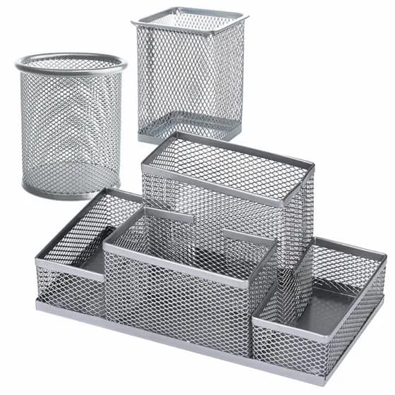 Kit 3 Porta Caneta Lápis Prata Treco Redondo Quadrado Escritório De Mesa