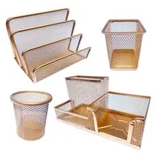 Kit Escritório Dourado Porta Treco Redondo Quadrado Porta Cartão Lembrete Caneta Lápis