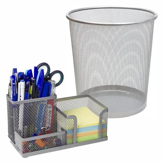 Kit Organizador Prata De Mesa Lixeira Cesto Porta Treco Lápis Caneta Aramado