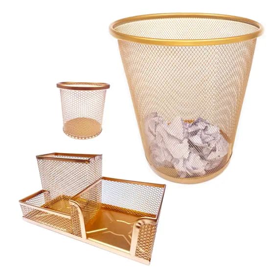Kit Porta Caneta Lápis Redondo Cesto Lixeira Aramado Organizador De Mesa Dourado
