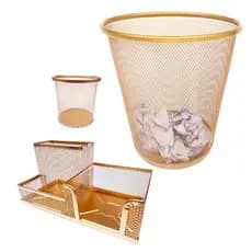 Kit Porta Caneta Lápis Redondo Cesto Lixeira Aramado Organizador De Mesa Dourado