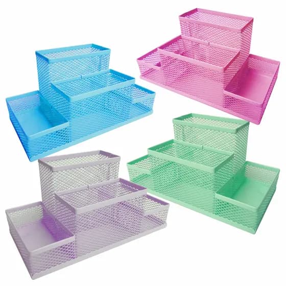 Porta Caneta 4 Divisórias Colorido Organizador Objetos De Mesa Escritório Aramado Telado