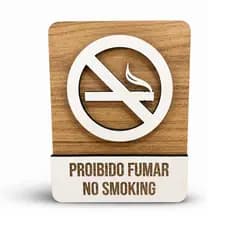 Placa de sinalização Proibido Fumar em MDF Fita Dupla Face Inglês e Português 17x13cm