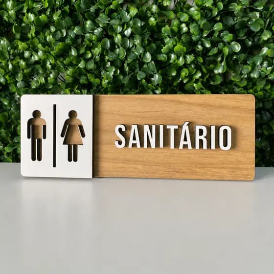 Placa de Sinalização em MDF para Banheiro Sanitário Unissex Masculino e Feminino 25x9cm Alto Relevo