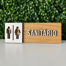 Placa de Sinalização em MDF para Banheiro Sanitário Unissex Masculino e Feminino 25x9cm Alto Relevo