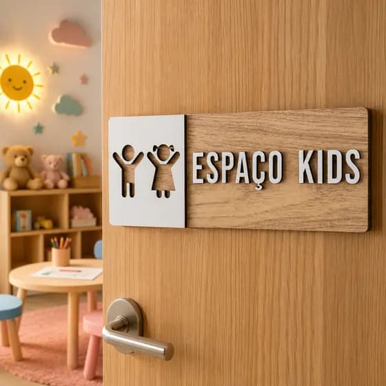Placa Sinalização Espaço Kids Infantil em MDF Amadeirado para Porta Parede 25x9cm