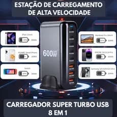 Carregador De Mesa Super Turbo 8 Portas Gan 3 Pro 600w Multifuncional