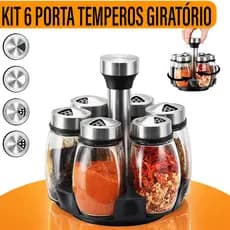 Porta Tempero Condimento Giratório 6 Peças Em Aço Inox Vidro Cozinha