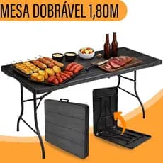Mesa Dobrável 1,80M Vira Maleta C/ Alça Camping Praia Premium 180cm Portátil Preto Madeira - Yab
