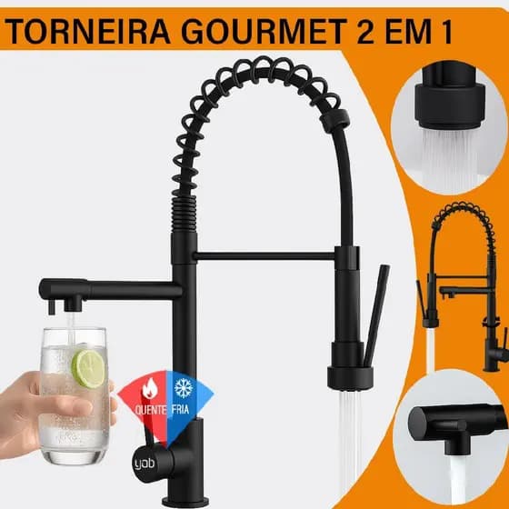 Torneira Cozinha Gourmet Monocomando Quente/Frio Extensor Flexível de Bancada Aço Inox Cor Preta Yab