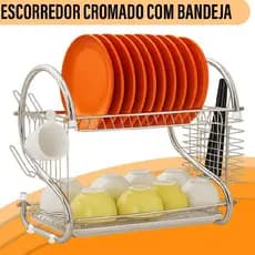 Escorredor de Louça Cromado Dois andares Em Aço Inox C/ Bandeja Coletora Suporte P/ Prato e Copo Yab