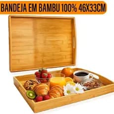 Bandeja Retangular de Bambu c/ Alça Lateral 46x33cm Cantinho Café Da Manhã Decoração Grande Yab