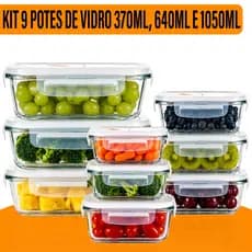 Kit 9 Potes Hermético Vidro Borossilicato Yab 370ml 640ml 1050ml Marmita Tampa 4 Trava