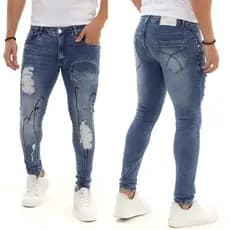 Calça Jeans Masculina Modelo Jogador Rasgos e Caveira