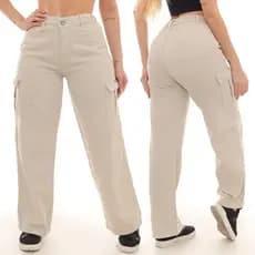 Calça Cargo Wide leg Feminina Sarja Bolso Lateral Flare Pantalona