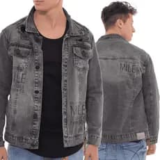Jaqueta Jeans Cinza Masculina Estampada