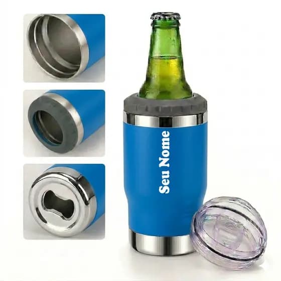 Copo Térmico 420ml Porta Lata Long Neck 5 Em 1 Abridor Inox com seu nome