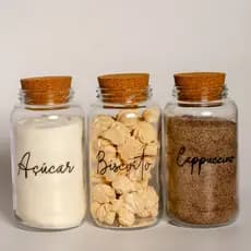 Kit Cantinho do Café - Cappuccino, Açúcar e Biscoitos | 3 potes de Vidro 830ml + Tampa Rolha