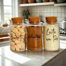 Kit Cantinho do Café - Achocolatado, Leite em Pó e Biscoitos | 3 potes de Vidro 830ml + Tampa Rolha