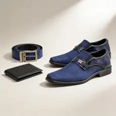 Kit Sapato Loafer Masculino Azul Verniz Cinto Carteira