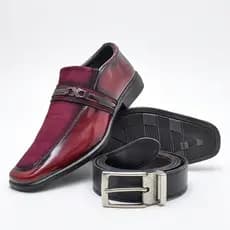 Kit Sapato Social Masculino Bordô Bico Quadrado Cinto Dupla Face