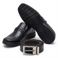 Kit Sapato Casual Masculino Preto Palmilha Gel Cinto Dupla Face