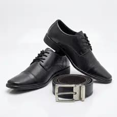 Kit Sapato Social Masculino Preto Cadarço Cinto Dupla Face Giolo