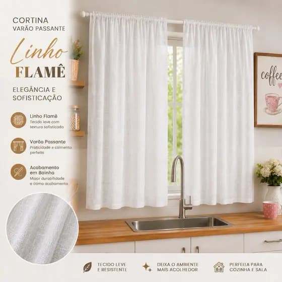 Cortina Voil Flame Linho Luxo 2,00x1,50 Sala Varão Passante