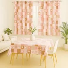 Cortina Cozinha Estampada 2,00x1,30 Toalha de Mesa 1,00x1,45 4 Lugares - Kit 2 Peças