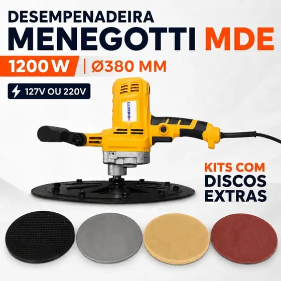 Desempenadeira Elétrica Menegotti MDE 1200W 380mm 127V 220V com Discos para Reboco Lixa Acabamento