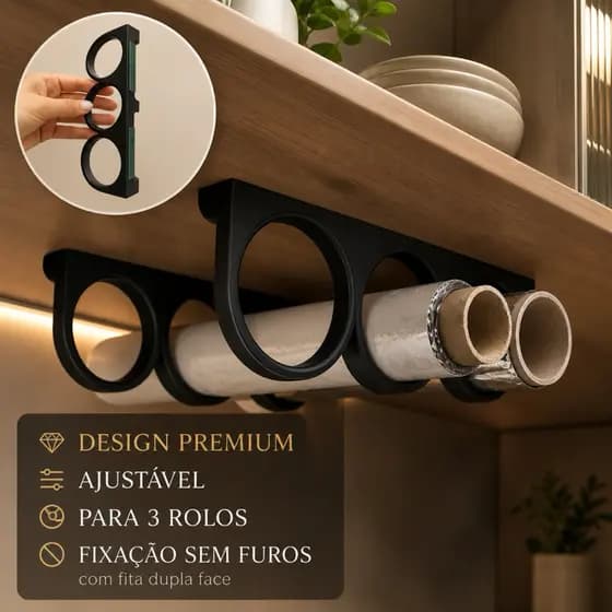 Suporte Organizador De Rolos Para Armário Papel Alumínio Filme PVC E Papel Manteiga