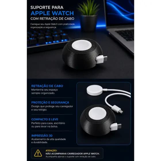 Suporte para Carregador Apple Watch com Organizador de Cabo Retrátil