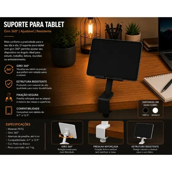 Suporte para Tablet e Monitor Portátil 360° – Giratório, Resistente em PLA | Ajustável