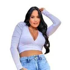 Cropped Branco Barbie Manga Longa Com Decote Moda Blogueira