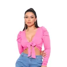Cropped Pink Barbie Manga Longa Com Decote Moda Blogueira
