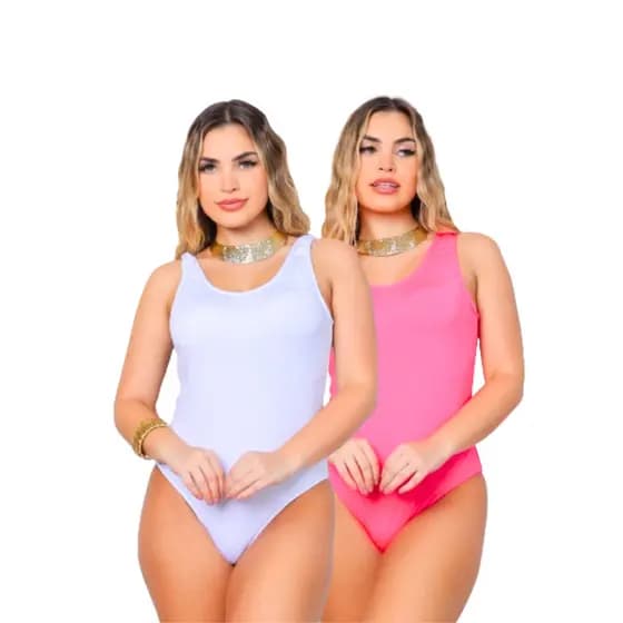 Kit Com 02 Body Maguel Maiô Branco + Rosa Moda Praia Verão