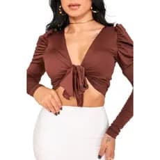 Cropped Marrom Barbie Manga Longa Com Decote Moda Blogueira