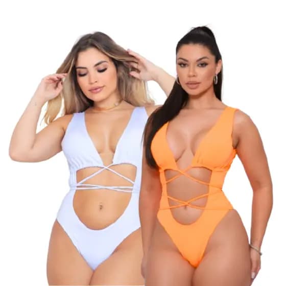 Kit 02 Body Maiô Branco + Laranja Isabely Feminino Moda Praia