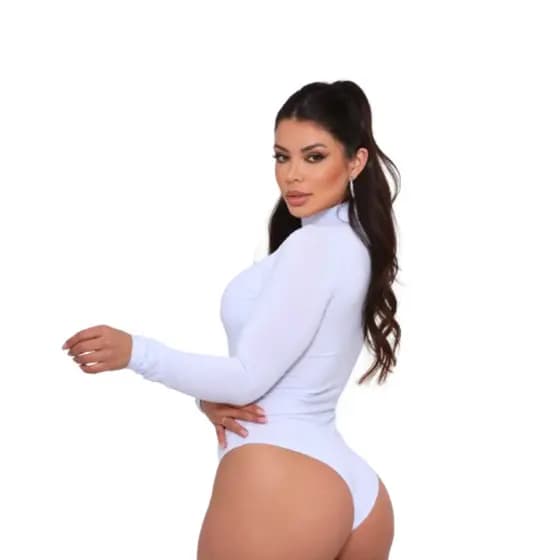 Body Feminino Cacharrel Manga Longa Branco Gola Alta e Bojo