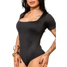 Body Manga Curta Liso Básico Suzy Gola Quadrada Preto