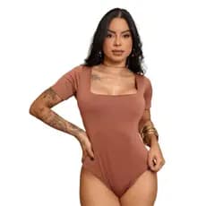 Body Manga Curta Liso Básico Suzy Gola Quadrada Marrom