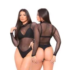Body Tule Transparente Preto Manga Longa Gola Alta Blogueira