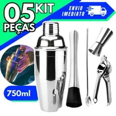 Kit Coqueteleira 5 peças para Drinks Caipirinhas Socador Colher Bailarina Dosador Espremedor Bar